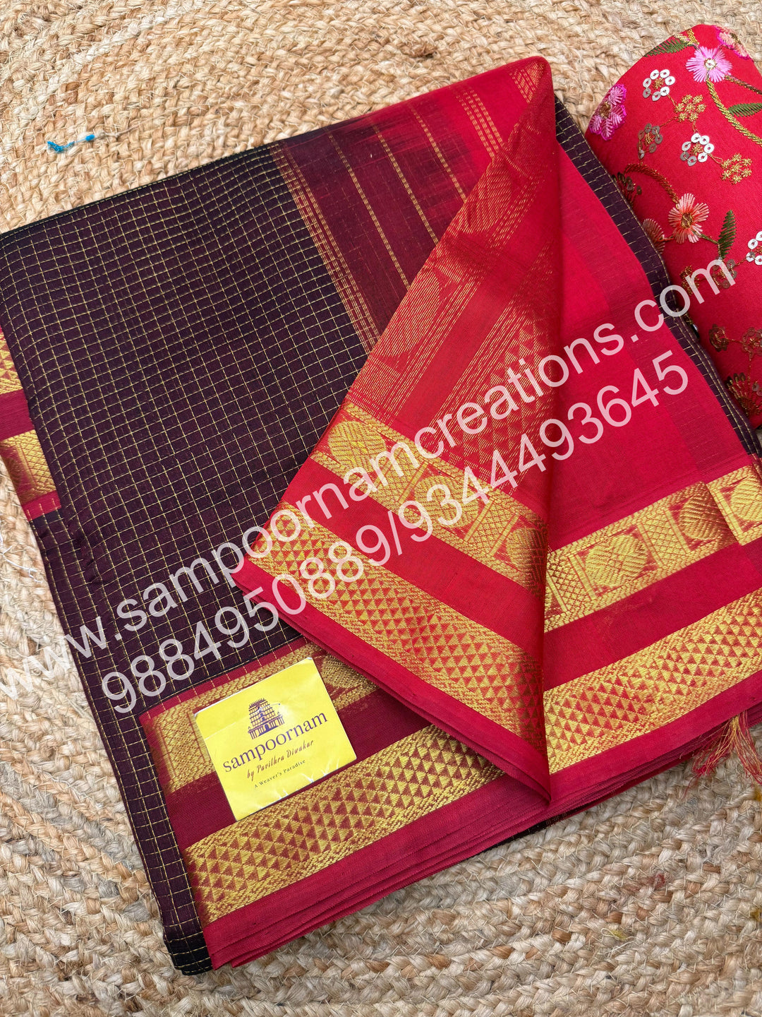 Dark Brown with Red  rich Zari checks in the body and border ,rettapet borders  rich Pallu Silk Cotton Saree