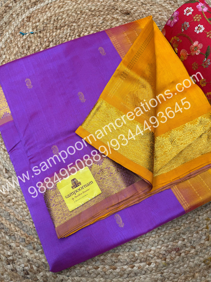 Baby Pink with Mustard , rich Mango Zari butta in the body and Grand Pallu Silk Cotton Saree