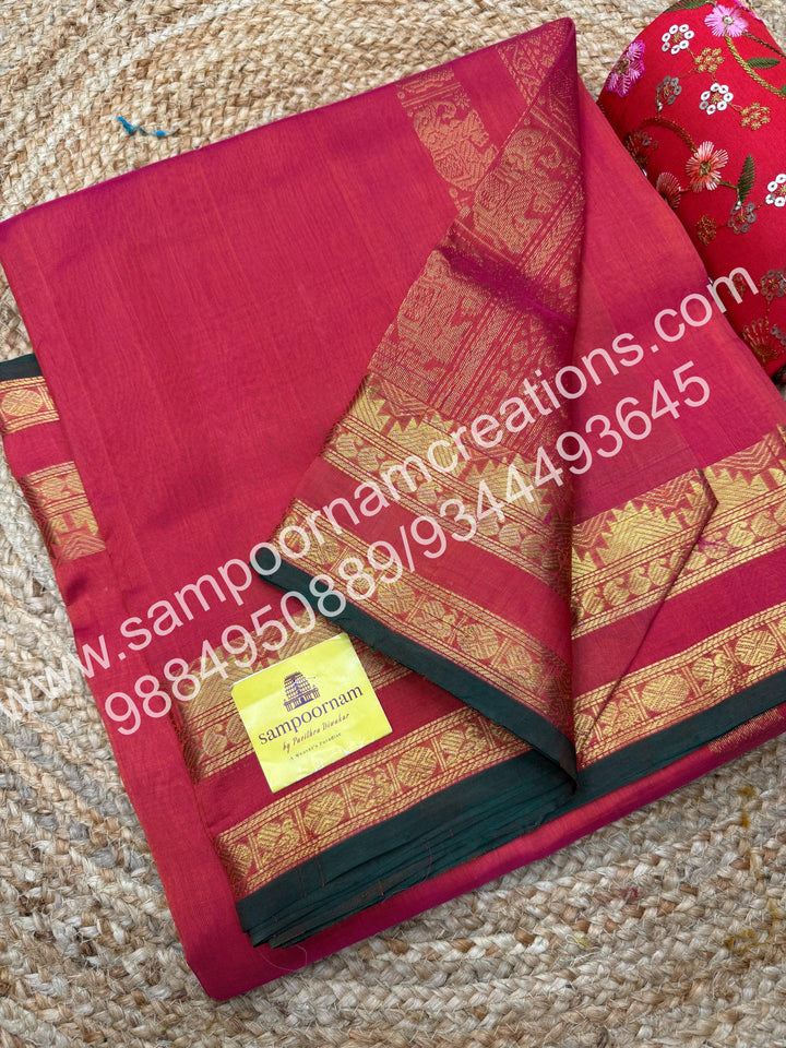 Neon Orange with Green Selvedge, rettapet border and Rich Pallu Silk Cotton Saree