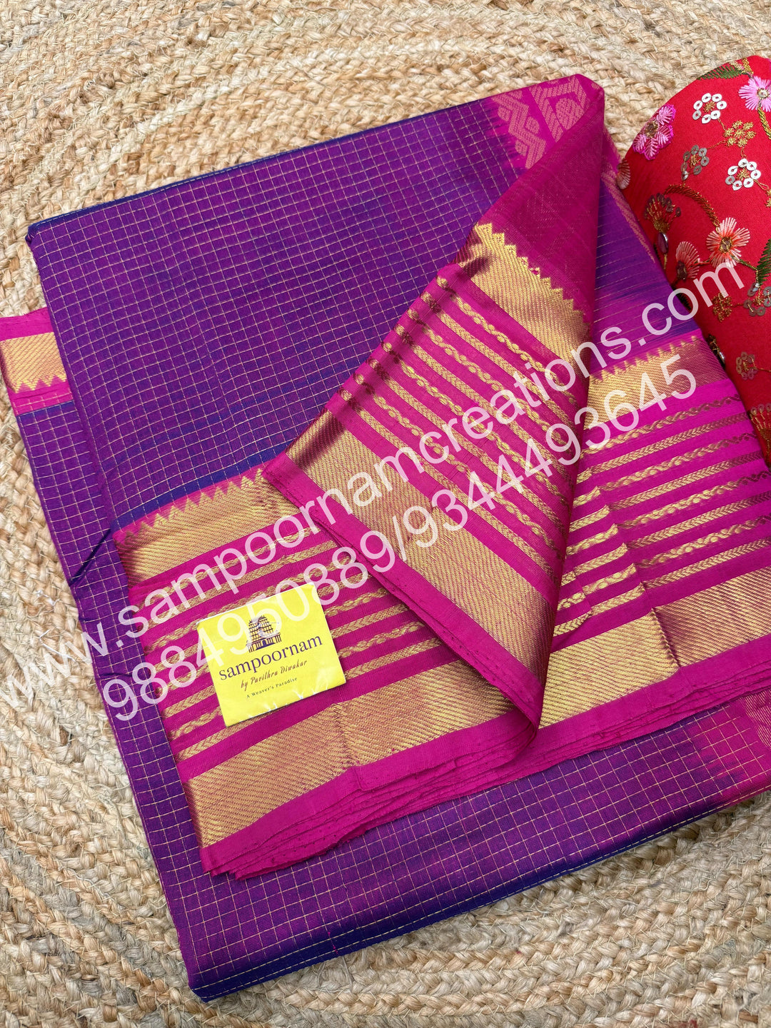 Vadamalli with Magenta , rich Zari checks in the body and traditional Veldhari  border , rich Pallu Silk Cotton Saree