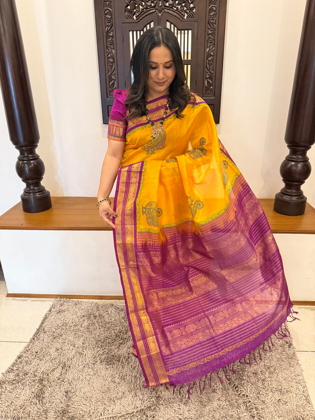 Mambazha Manjal with Purple, traditional elephant motif borders and rich Pallu, annam hand block prints in the body , korvai silk cotton saree