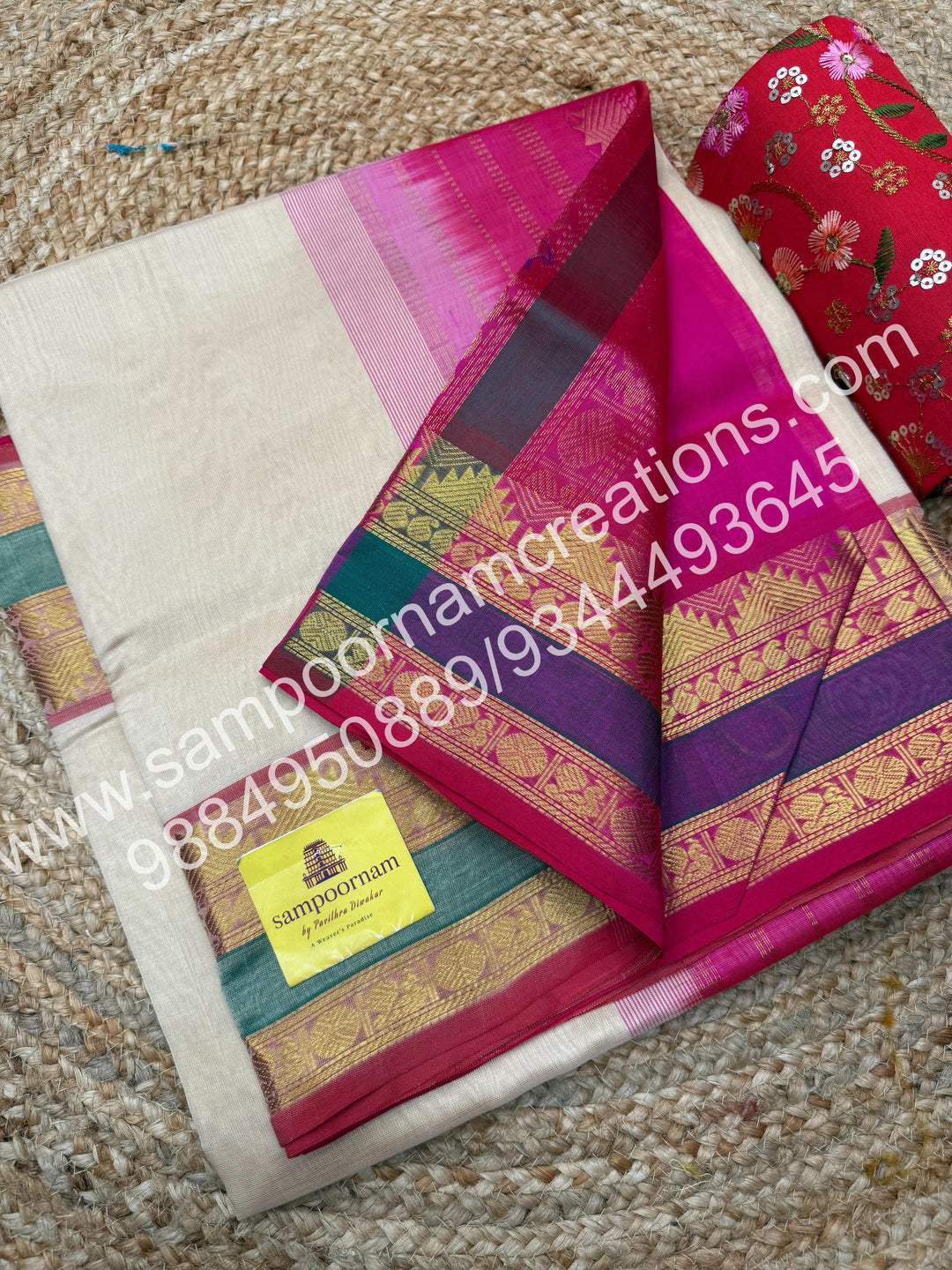 Cream with Pink , rettapet border and Rich Pallu Silk Cotton Saree