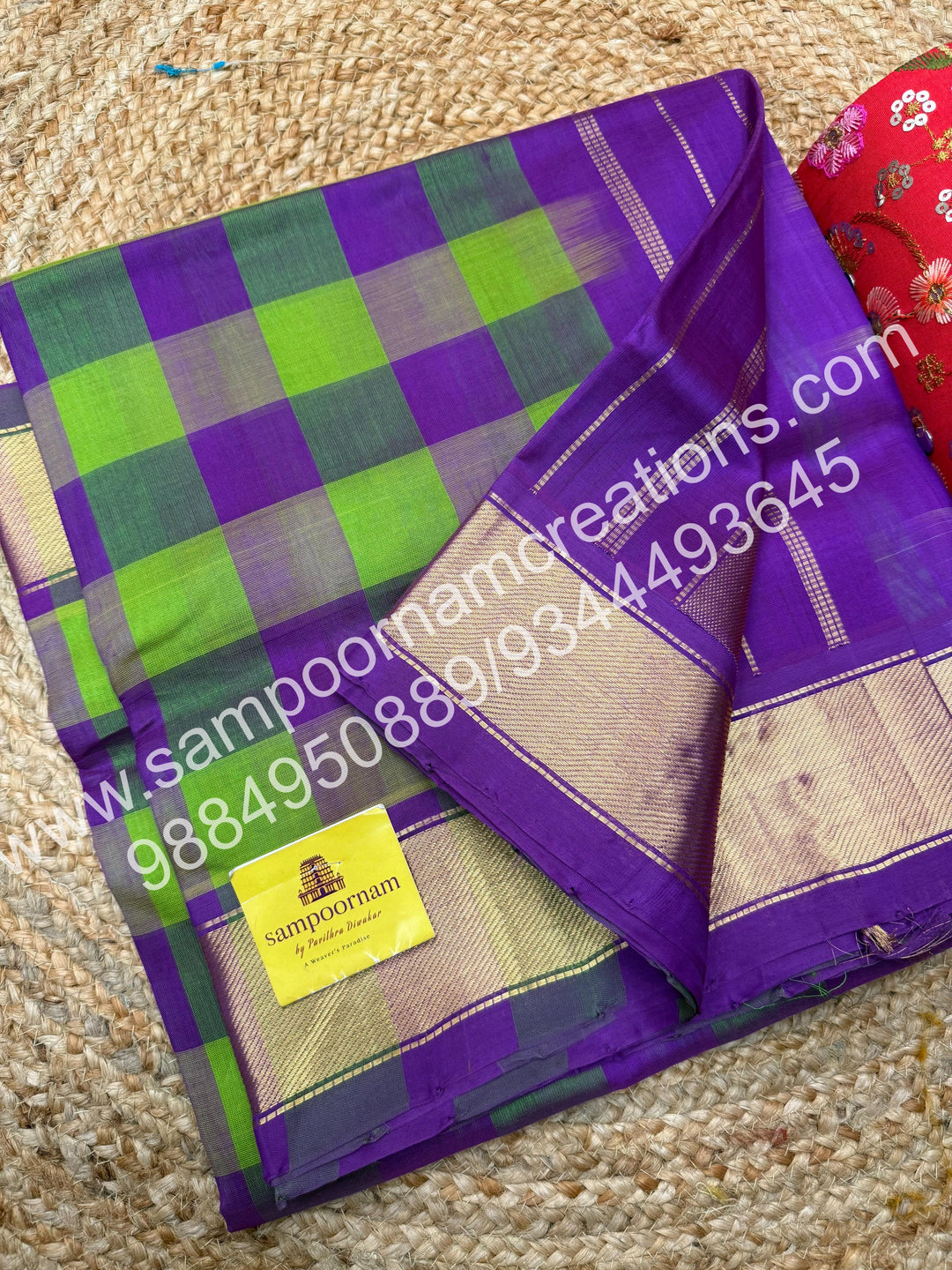 Violet , Light Green , Dark Green with Violet ,Pallum Pazham checks with rich butta traditional borders and rich pallu silk cotton sarees