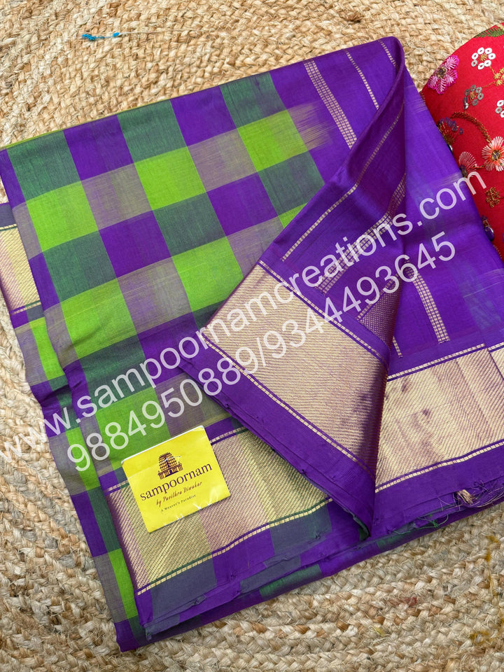 Violet , Light Green , Dark Green with Violet ,Pallum Pazham checks with rich butta traditional borders and rich pallu silk cotton sarees