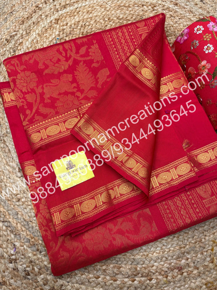 Classic Red ,  rich Vanasingaram Designs in the body , rettapet borders and rich pallu silk cotton saree