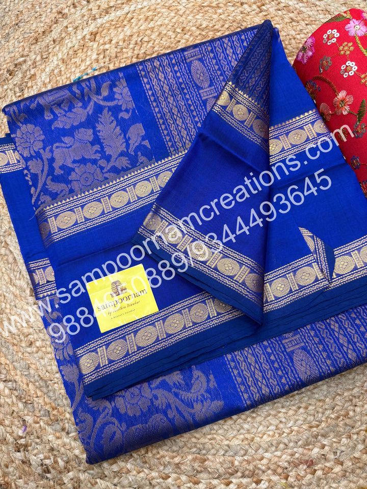 Royal blue ,  rich Vanasingaram Designs in the body , rettapet borders and rich pallu silk cotton saree