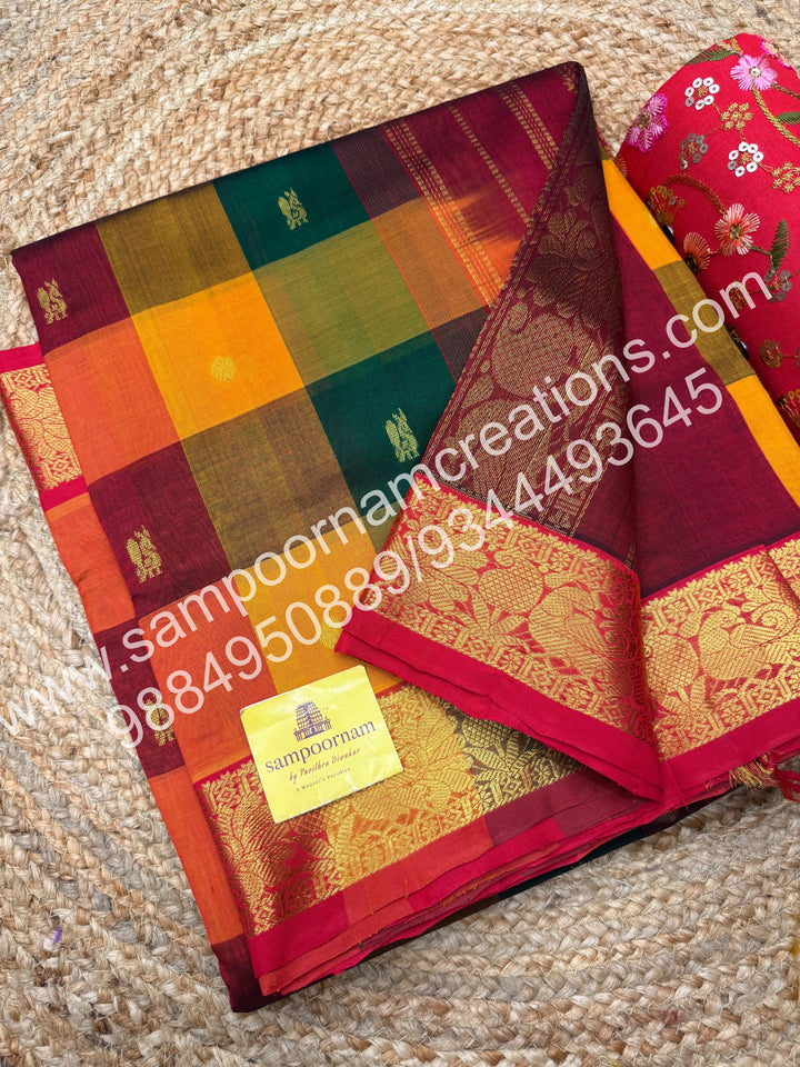 Manjal, Green, Maroon with maroon    Pallum Pazham checks with rich butta traditional borders and rich pallu silk cotton sarees