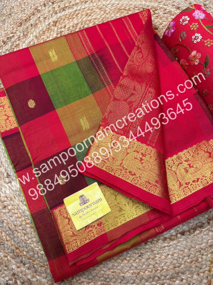 Green, Red, Manthulir with Red ,Pallum Pazham checks with rich butta traditional borders and rich pallu silk cotton sarees