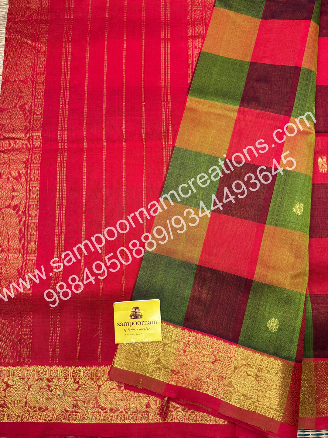 Green, Red, Manthulir with Red ,Pallum Pazham checks with rich butta traditional borders and rich pallu silk cotton sarees