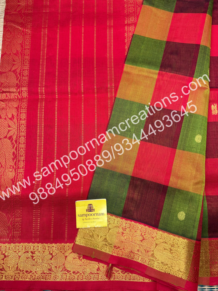 Green, Red, Manthulir with Red ,Pallum Pazham checks with rich butta traditional borders and rich pallu silk cotton sarees