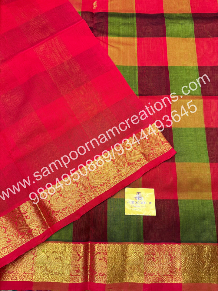 Green, Red, Manthulir with Red ,Pallum Pazham checks with rich butta traditional borders and rich pallu silk cotton sarees