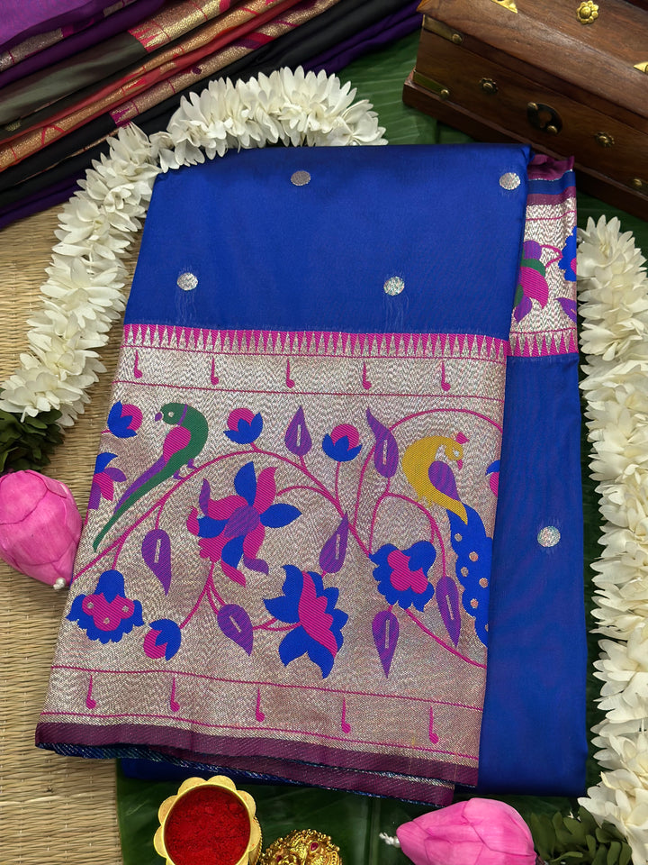 Blue With Pink Big Muniya Border, Zari Peacock and Parrot Design, Heavy Meena Zari Pallu