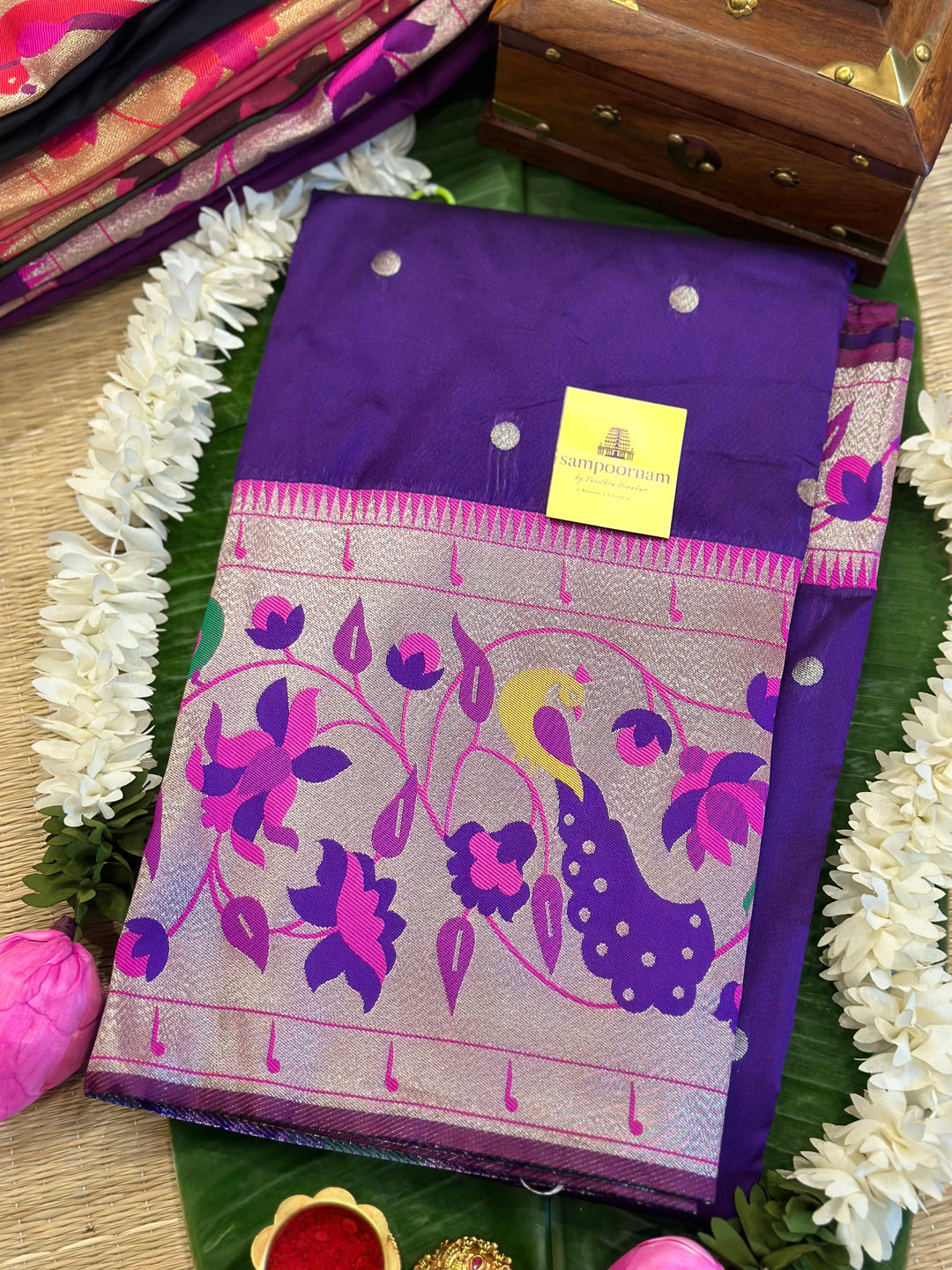 Purple With Pink Big Muniya Border, Zari Peacock and Parrot Design, Heavy Meena Zari Pallu