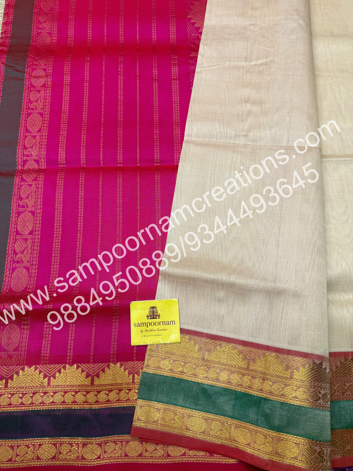 Cream with Pink , rettapet border and Rich Pallu Silk Cotton Saree