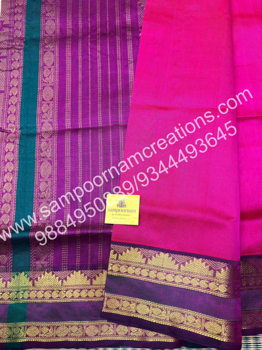 Candy Pink with purple , rettapet border and Rich Pallu Silk Cotton Saree