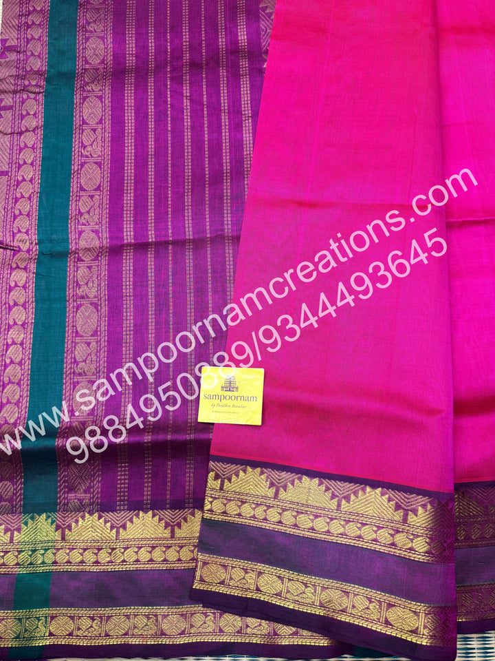 Candy Pink with purple , rettapet border and Rich Pallu Silk Cotton Saree