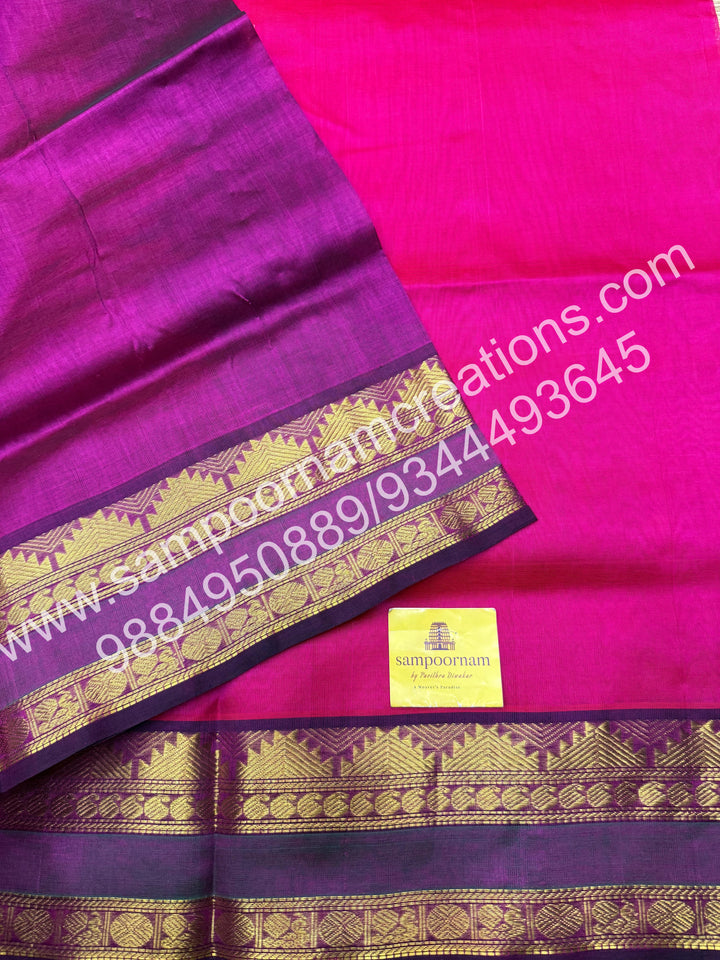 Candy Pink with purple , rettapet border and Rich Pallu Silk Cotton Saree
