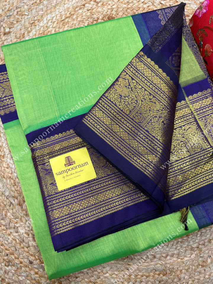 Green with Dark Blue ,  Traditional  One Side big  borders and rich Pallu Korvai Silk Cotton Sareee