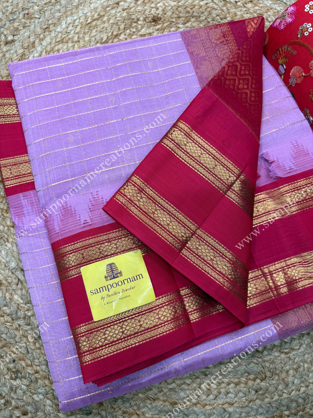 Pastel Pink with Red , Rich Zari checks and Butta in the body and  rettapet  borders , rich Pallu Korvai Silk Cotton Sareee