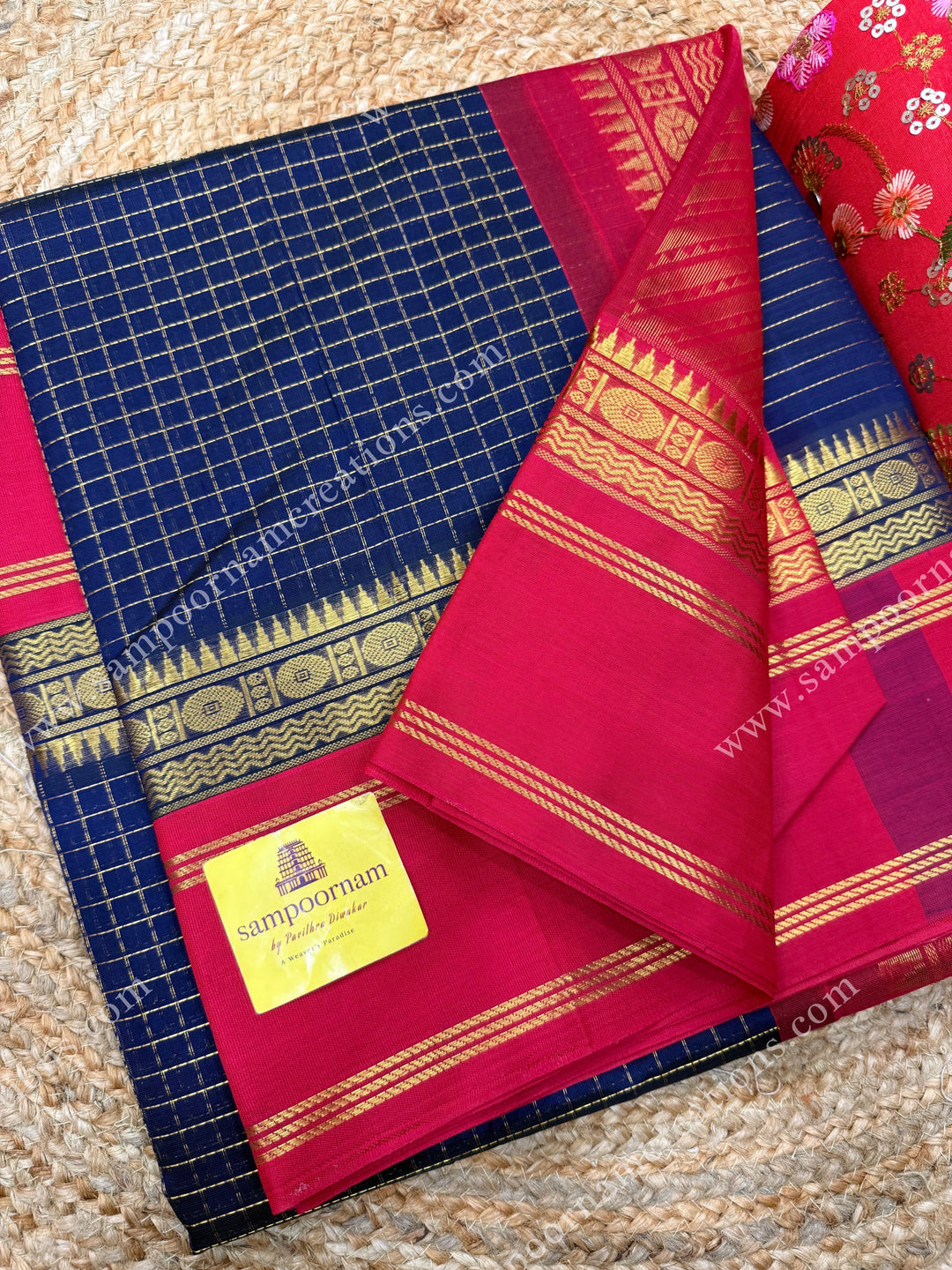 Dark Blue with Red , Rich Zari checks in the body and  rettapet  borders , rich Pallu Korvai Silk Cotton Sareee
