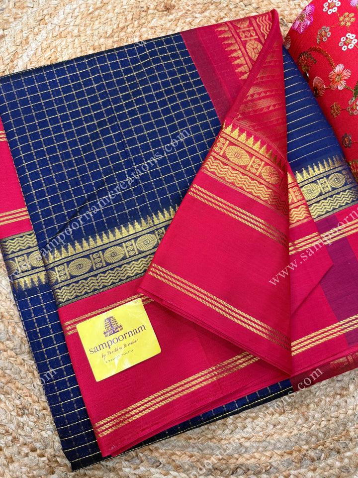 Dark Blue with Red , Rich Zari checks in the body and  rettapet  borders , rich Pallu Korvai Silk Cotton Sareee