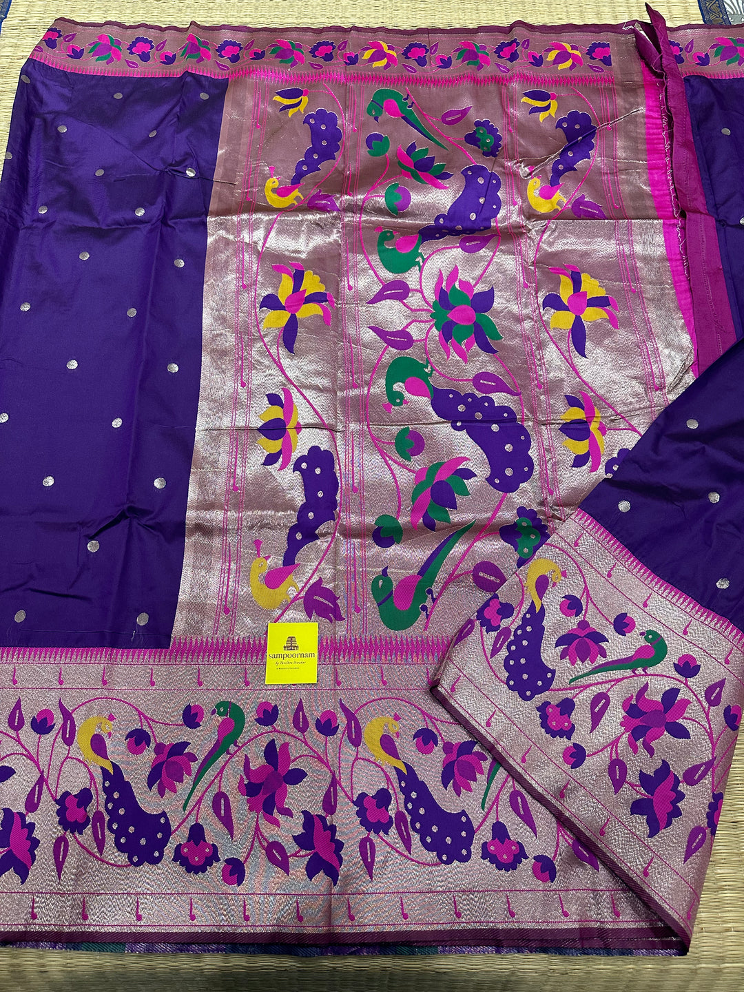 Purple With Pink Big Muniya Border, Zari Peacock and Parrot Design, Heavy Meena Zari Pallu