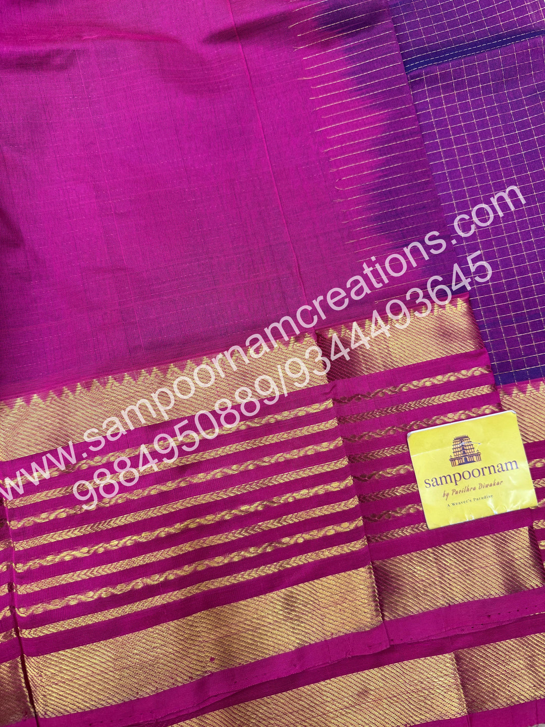 Vadamalli with Magenta , rich Zari checks in the body and traditional Veldhari  border , rich Pallu Silk Cotton Saree