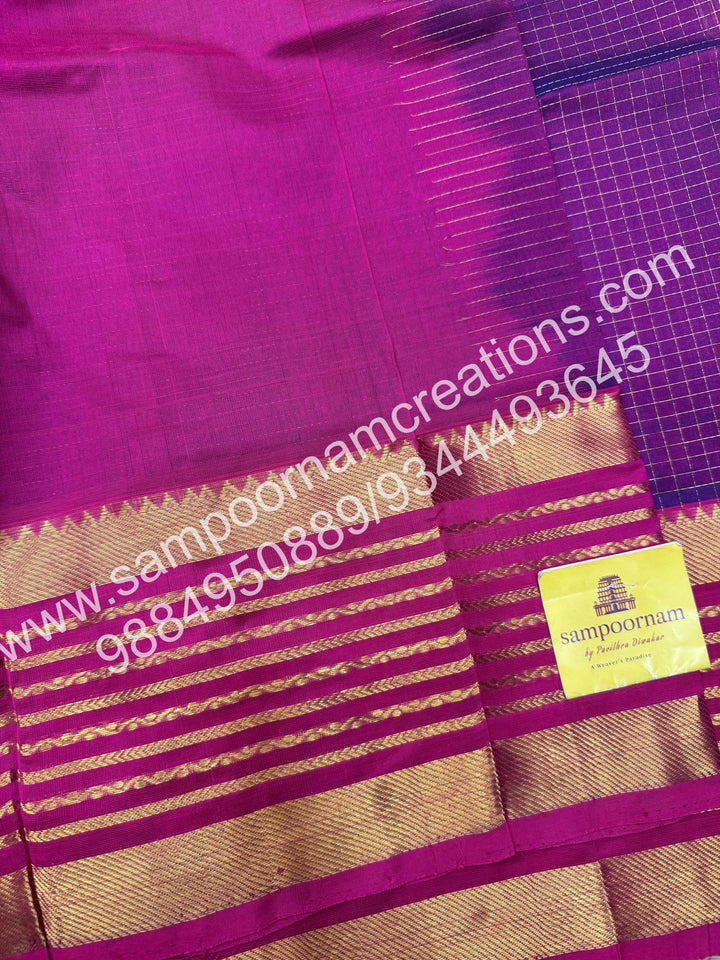 Vadamalli with Magenta , rich Zari checks in the body and traditional Veldhari  border , rich Pallu Silk Cotton Saree