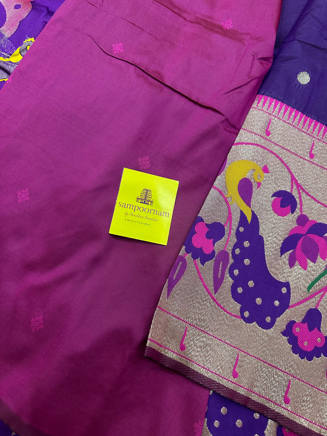 Purple With Pink Big Muniya Border, Zari Peacock and Parrot Design, Heavy Meena Zari Pallu