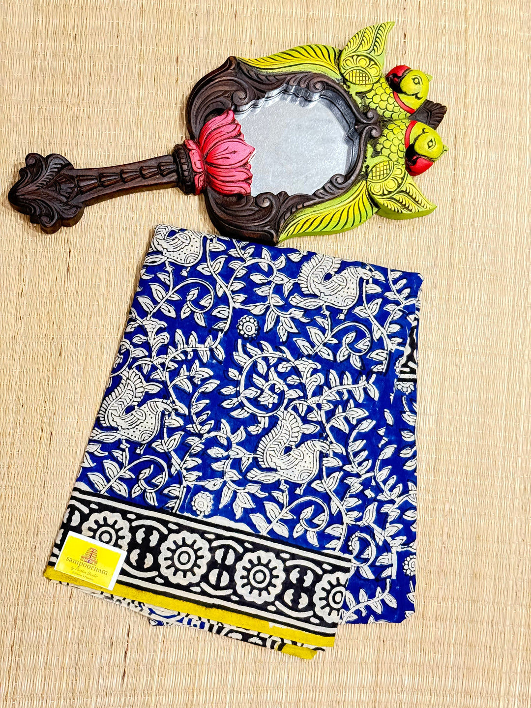 Indigo blue with yelllow kalamkari printed mul cotton saree