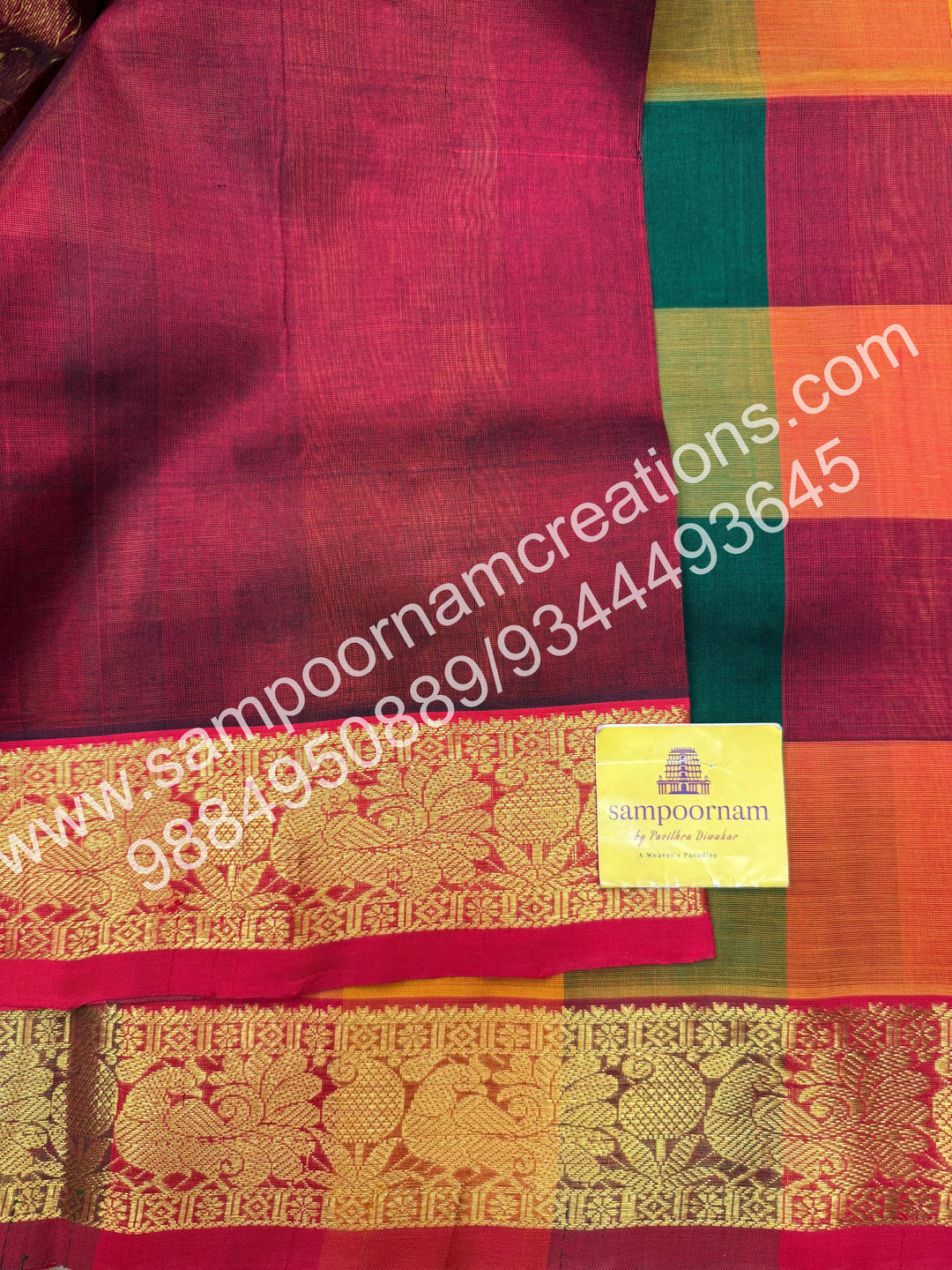 Manjal, Green, Maroon with maroon    Pallum Pazham checks with rich butta traditional borders and rich pallu silk cotton sarees