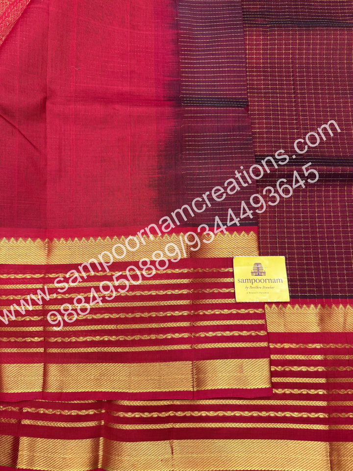 Maroon with Red , rich Zari checks in the body and traditional Veldhari  border , rich Pallu Silk Cotton Saree