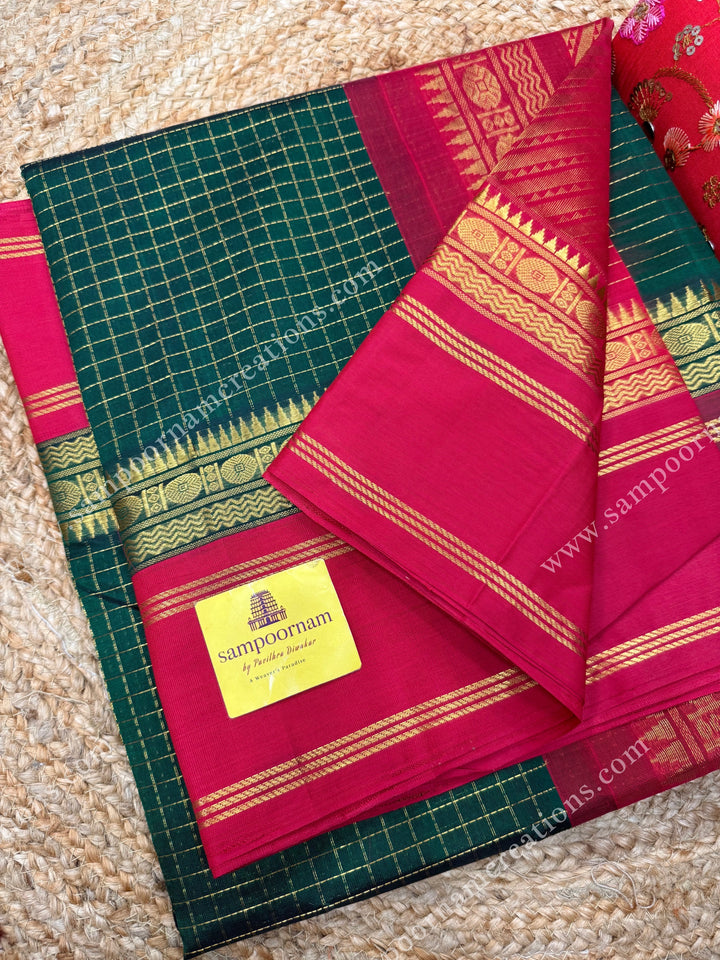 Green with Red  , Rich Zari checks in the body and  rettapet  borders , rich Pallu Korvai Silk Cotton Sareee