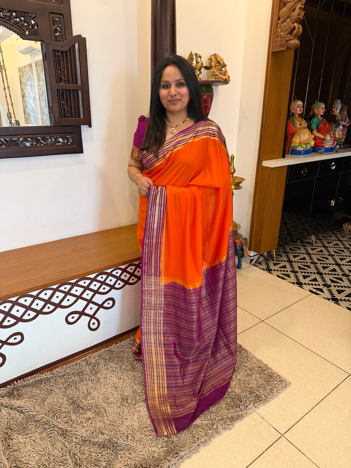 Burnt Orange with Purple , Rich Borders and Pallu, Semi Mysore Silk Saree
