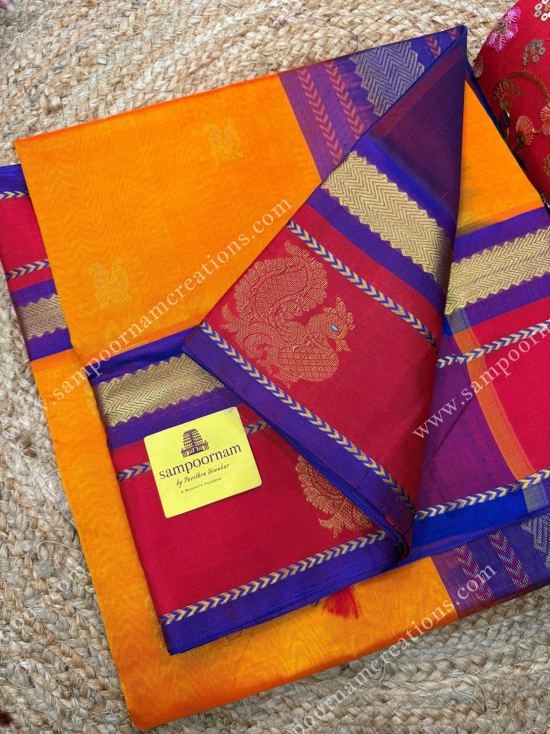 Mambazha Manjal with Royal Blue ,  Zari Butta in the body and  Traditional Annam Motifs in the border , rich Pallu Korvai Silk Cotton Sareee