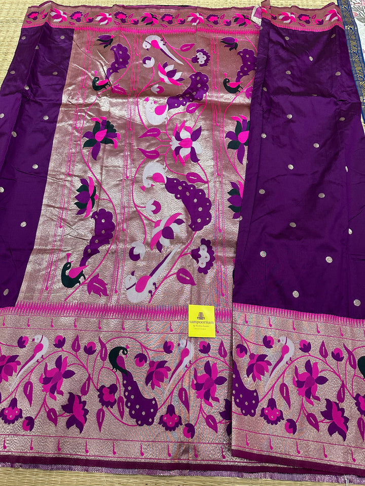 Violet With Pink Big Muniya Border, Zari Peacock and Parrot Design, Heavy Meena Zari Pallu