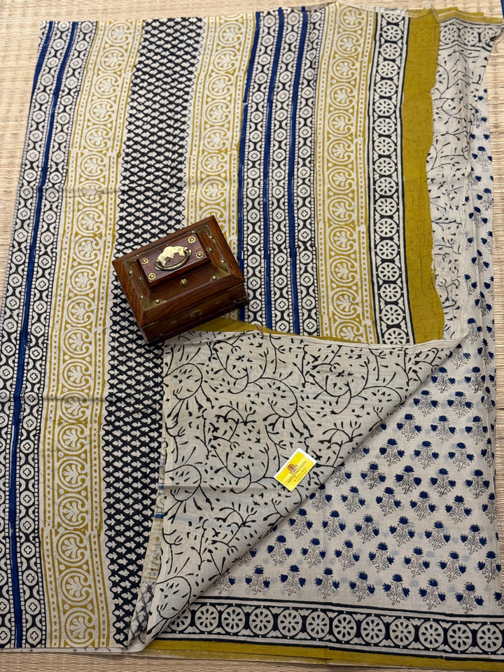 Off white with mustard , floral hand block printed mul cotton saree