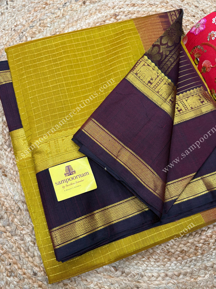 Dark Gold with Brown  , Rich Zari checks in the body and  rettapet  borders , rich Pallu Korvai Silk Cotton Sareee