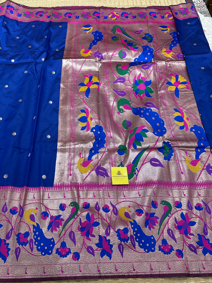 Blue With Pink Big Muniya Border, Zari Peacock and Parrot Design, Heavy Meena Zari Pallu