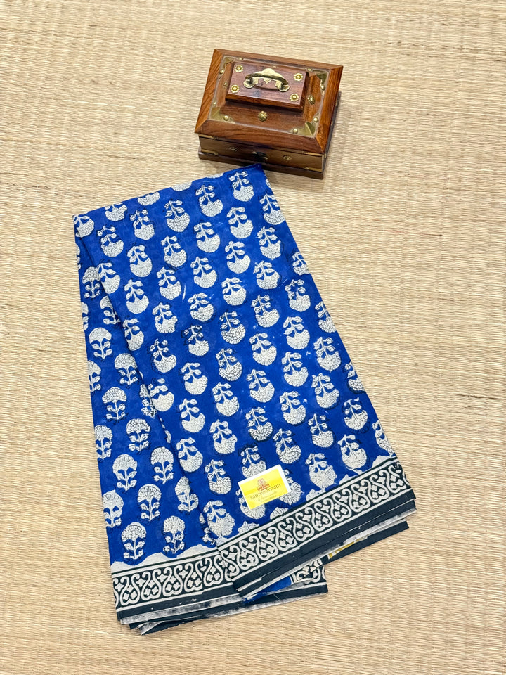 Indigo blue with black selvedge floral block printed mul cotton saree