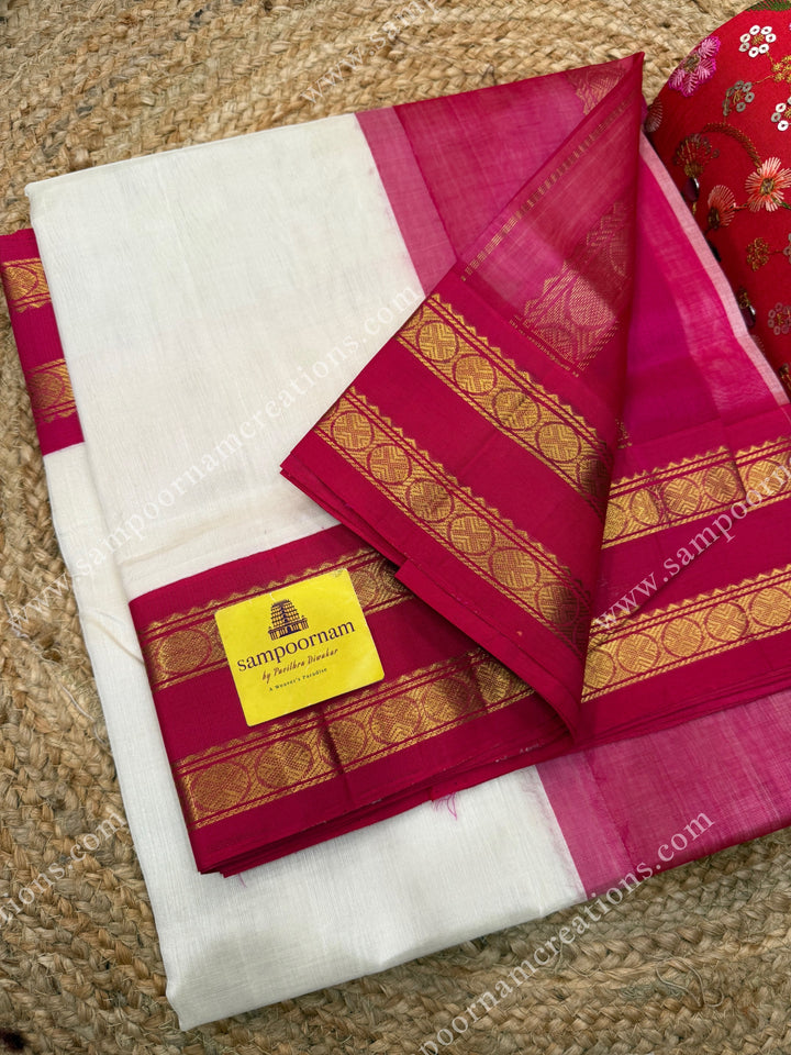 Offwhite with Hot Pink , Rettapet  borders and rich Pallu Korvai Silk Cotton Sareee