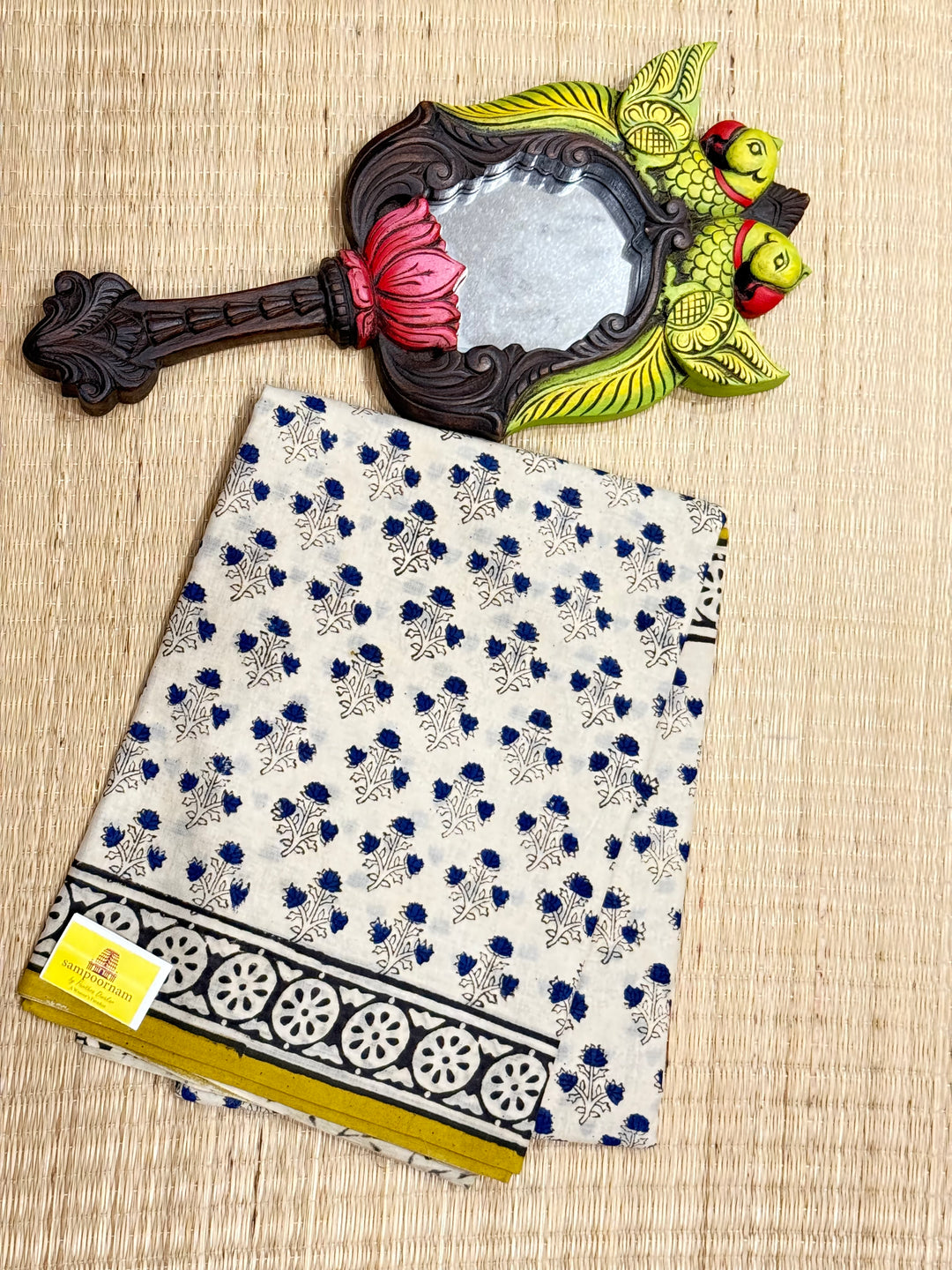 Off white with mustard , floral hand block printed mul cotton saree