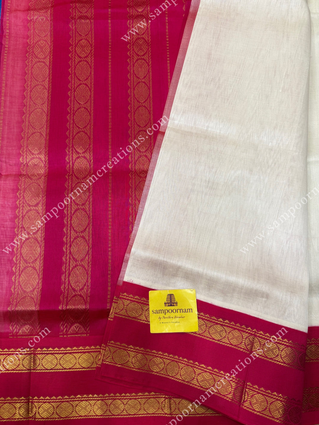 Offwhite with Hot Pink , Rettapet  borders and rich Pallu Korvai Silk Cotton Sareee