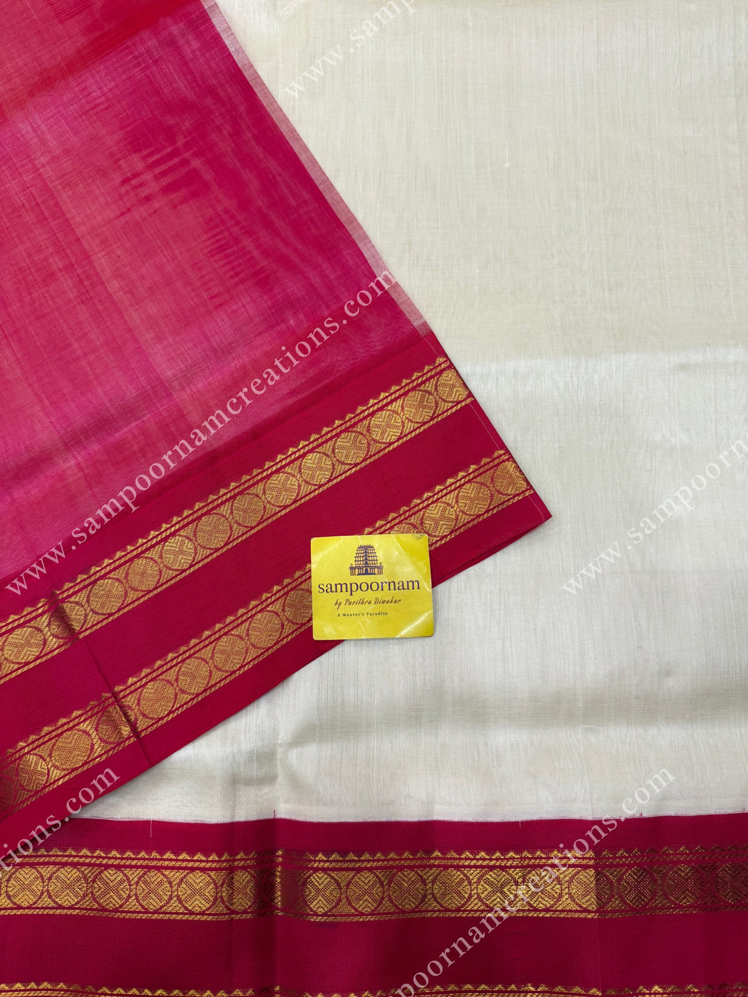 Offwhite with Hot Pink , Rettapet  borders and rich Pallu Korvai Silk Cotton Sareee