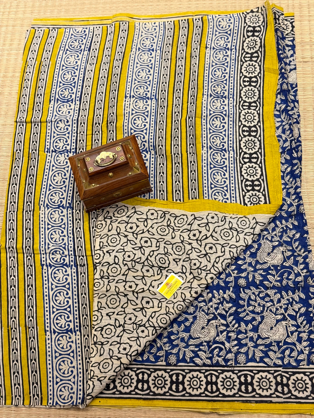 Indigo blue with yelllow kalamkari printed mul cotton saree