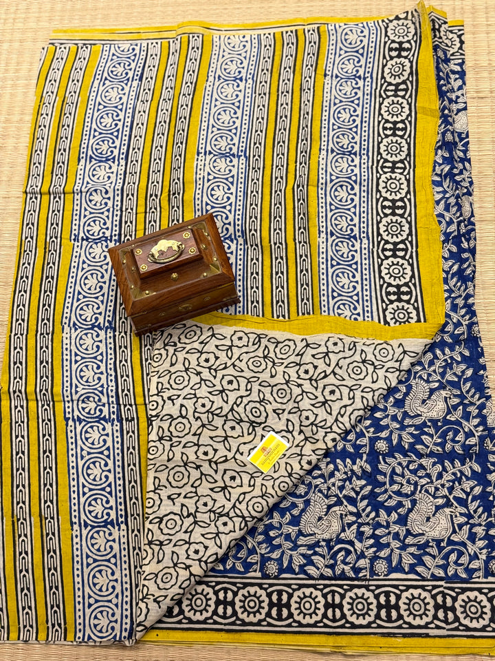 Indigo blue with yelllow kalamkari printed mul cotton saree