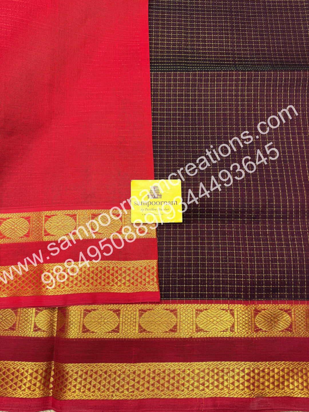 Dark Brown with Red  rich Zari checks in the body and border ,rettapet borders  rich Pallu Silk Cotton Saree