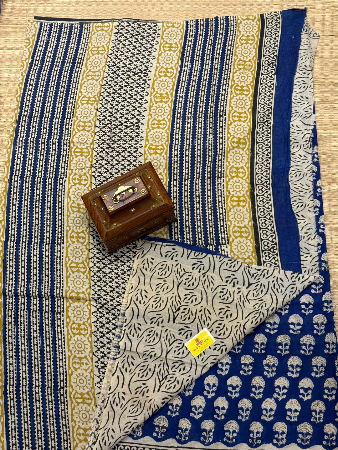 Indigo blue with black selvedge floral block printed mul cotton saree