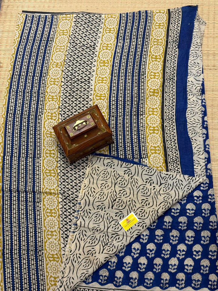 Indigo blue with black selvedge floral block printed mul cotton saree