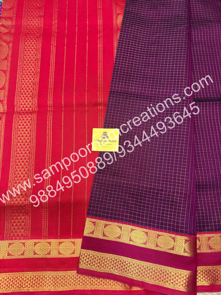 Wine with Red , rich Zari checks in the body and border ,rettapet borders  rich Pallu Silk Cotton Saree